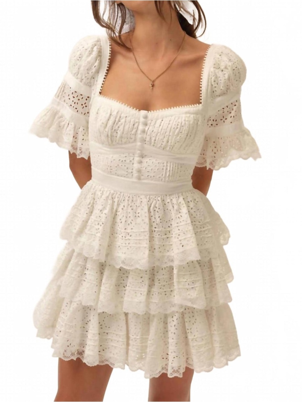 $368 NWT For Love And Lemons “Willa” Eyelet Mini Dress in White Sz Small